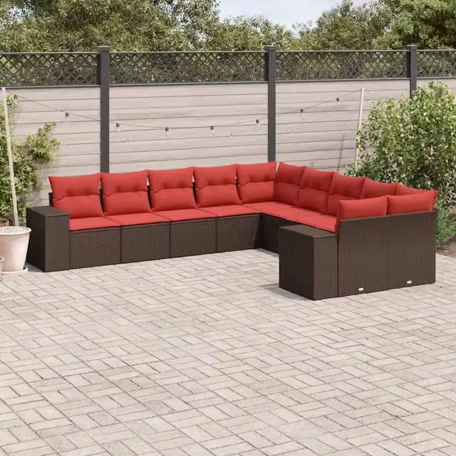 Set Divani da Giardino 10 pz con Cuscini Marrone in Polyrattan 3223113