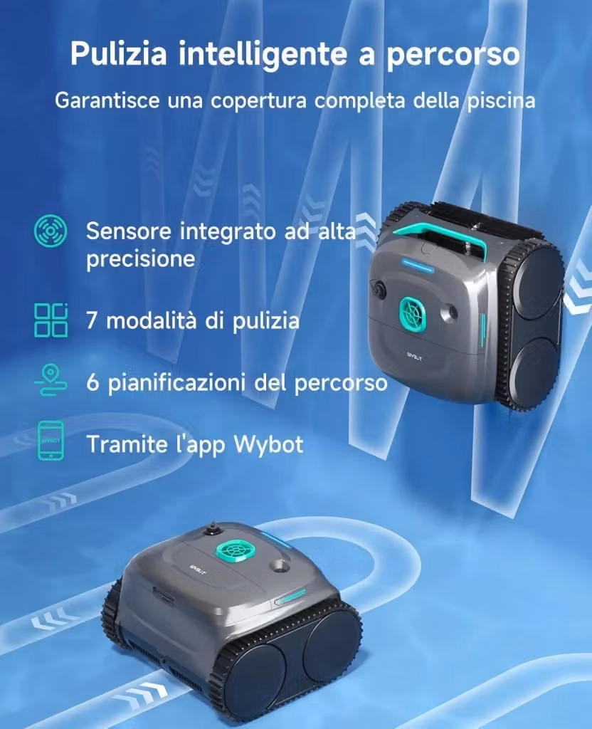 Robot Pulitore Piscina Wybot C2 con Batteria Ricaricabile per Piscine Fuori Terra e Interrate, Grigio e Verde – 3