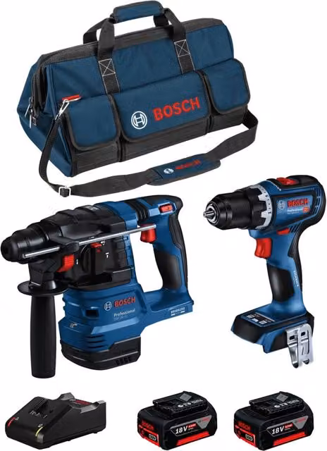 Bosch Kit BK2020BAG con Martello Perforatore GBH 18V-22, Avvitatore GSR 18V-90 C, 2 Batterie da 5,0 Ah e Caricabatterie GAL18V-40 Blu – 1
