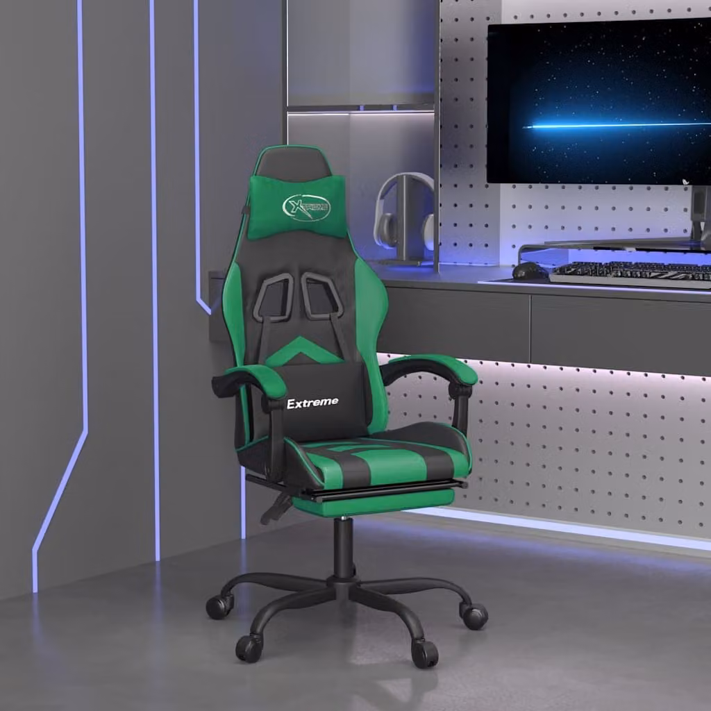 Sedia da Gaming vidaXL con Poggiapiedi e Braccioli, Multicolore Nero e Verde in Similpelle, Ruote e Seduta Reclinabile per Adulti