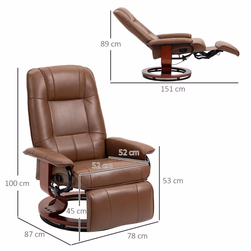 Poltrona relax girevole WISHDOR con schienale reclinabile e poggiapiedi, rivestimento in similpelle marrone – 2