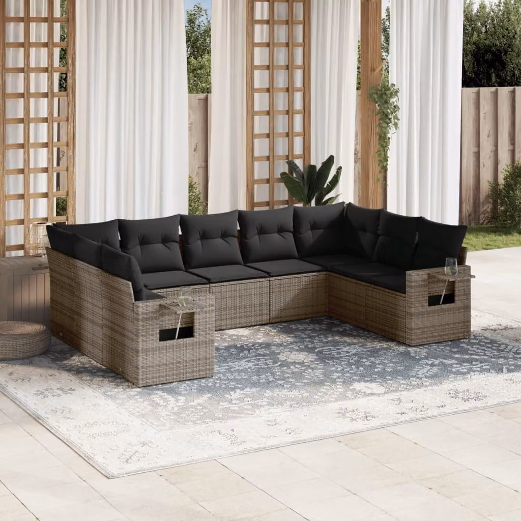 vidaXL Set Divano da Giardino 9 pz in Polyrattan Grigio con Cuscini e Tavolino – 1