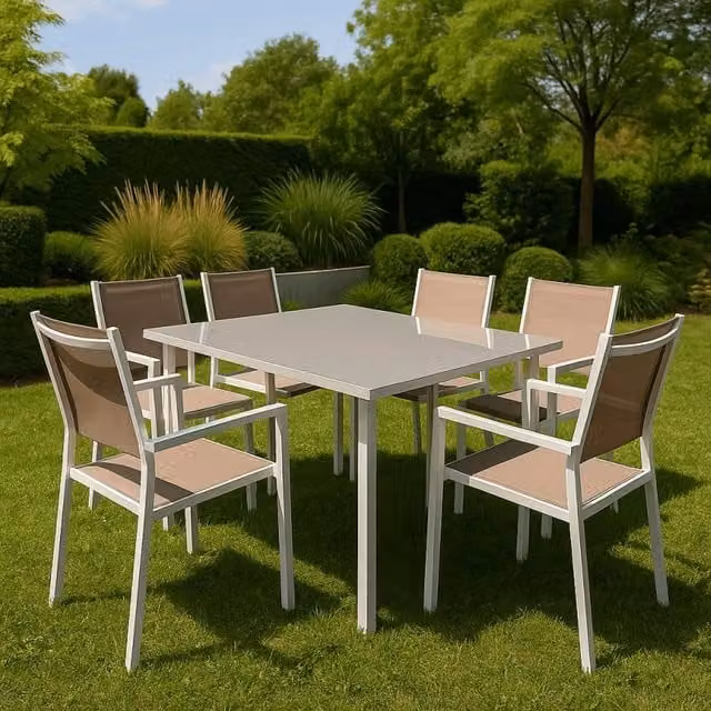 Tavolo da giardino rettangolare PRIMAVERA Art-Garden in acciaio verniciato a polvere e vetro, grigio e beige