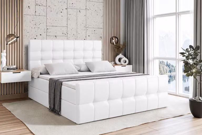 Letto boxspring ALTDECOR con materasso e rete a doghe - - BERO -Z - 160x200 cm, ecopelle bianca - Letto boxspring, pediera, topper, letto imbottito con contenitore, letto con vano portaoggetti H4 - Materasso, letto matrimoniale, letto boxspring