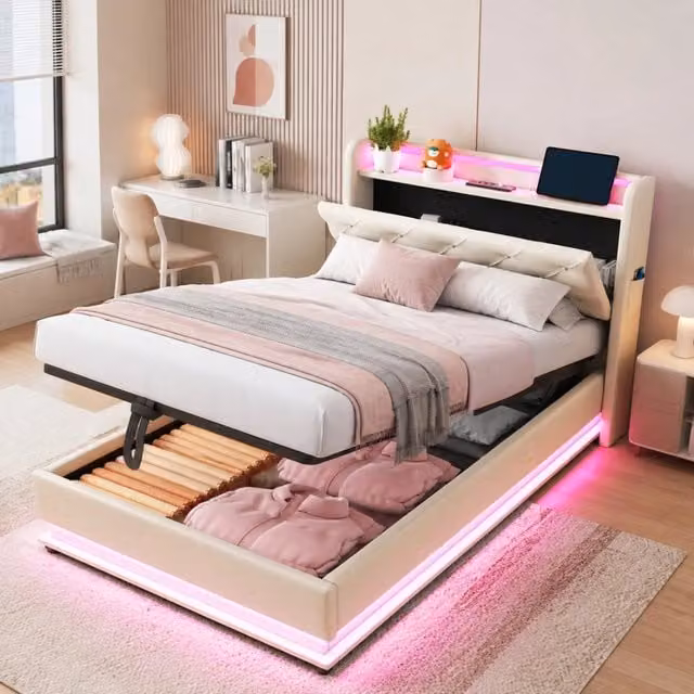 Letto Imbottito REDOM Beige con LED, USB e Contenitore Idraulico L/P: 90 x 200 cm