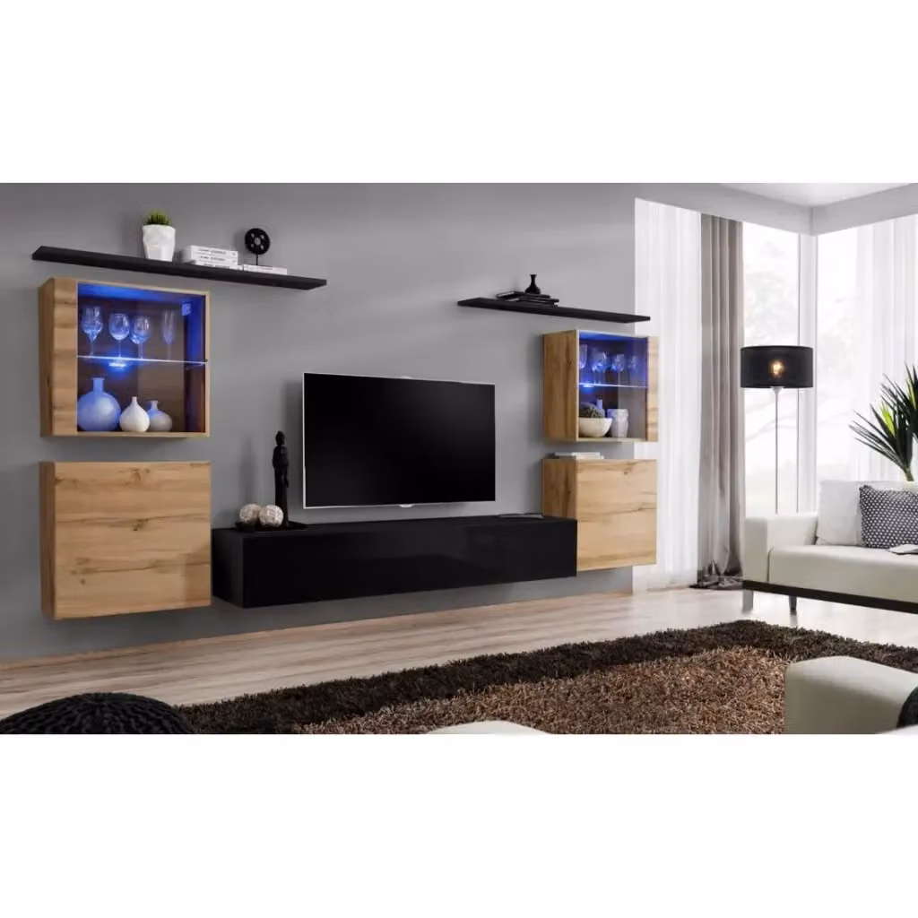 Composizione murale SWITCH XIV Meublorama con mobile TV sospeso, vetrina con ante in vetro e illuminazione LED, nero lucido e quercia Wotan – 2