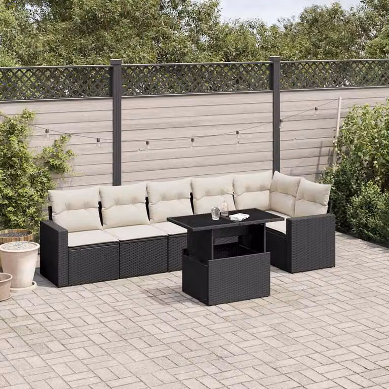 Set di divani da giardino vidaXL con 7 cuscini in polyrattan nero e struttura in metallo