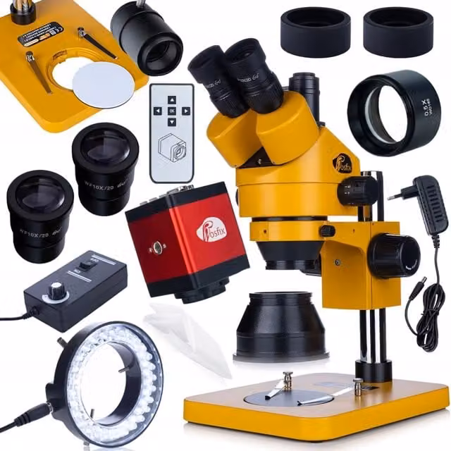 Microscopio Trinoculare Rosfix 7–45x con Fotocamera FullHD HDMI/VGA/AV, Lente Barlow 0.5x e Illuminatore LED 56x con Attacco C-mount – 1