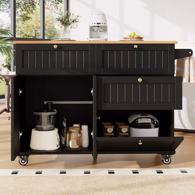 Carrello da cucina REDOM in stile scandinavo, colore nero opaco, L: 133 cm, P: 37,3 cm, H: 88 cm