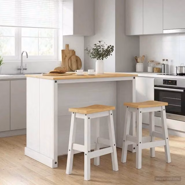Set isola da cucina vidaXL in 3 pezzi in pino massello bianco e cera di miele L/P/H: 112,0 x 91,5 x 77,0 cm – 1
