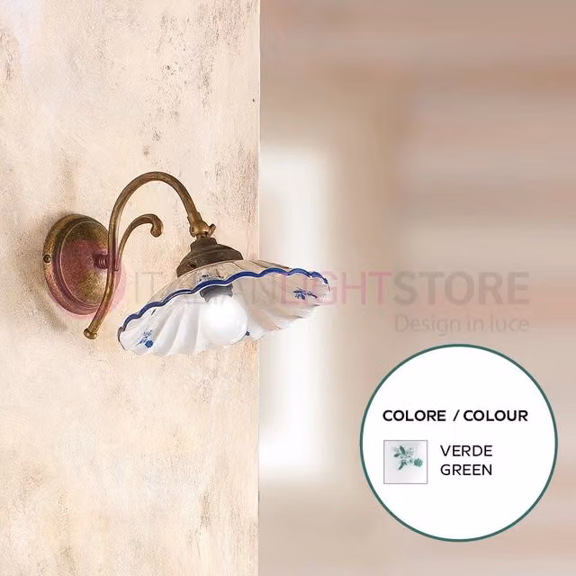 Applique da Parete Altopascio di Ceramiche Borso in Ceramica e Ottone con Decori Verdi e Stile Rustico Country