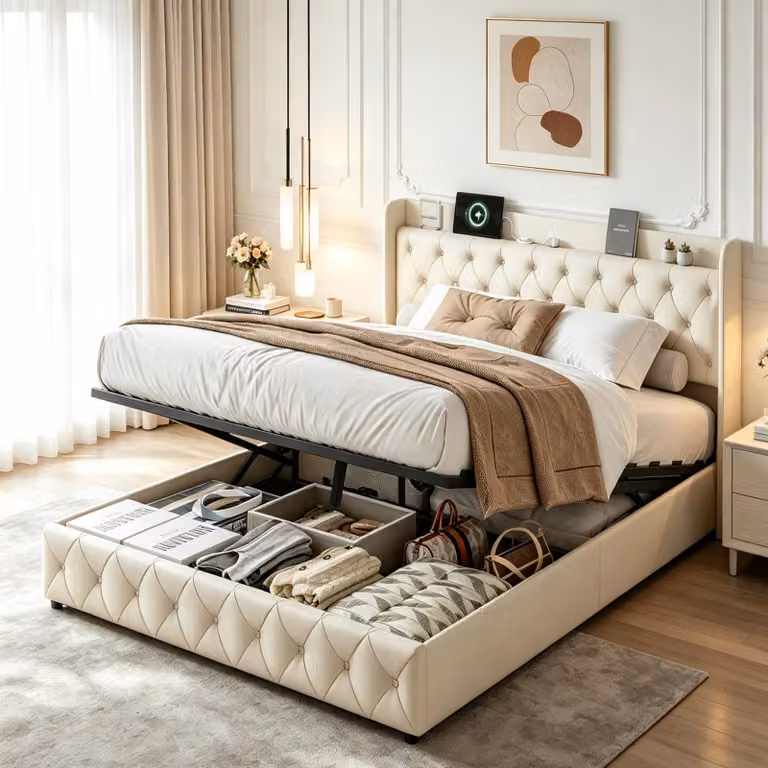 Letto imbottito INONEFT, 160x200 cm, con struttura a molle e spazio contenitore, letto per ragazzi con LED e porta USB-C, letto matrimoniale con rete a doghe, struttura in velluto, color beige