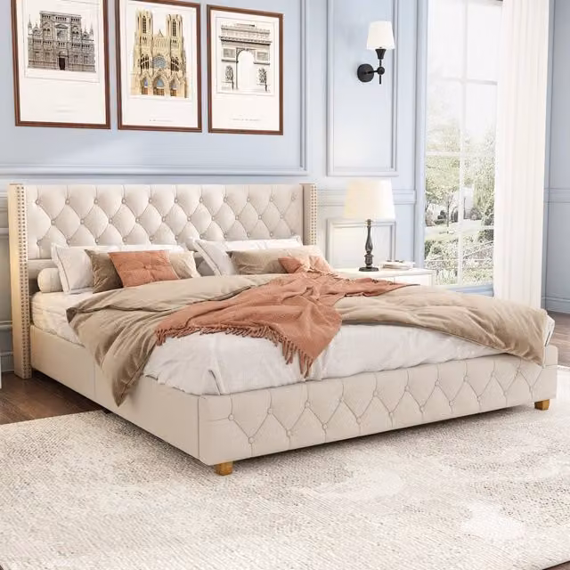 Letto imbottito REDOM in tessuto beige L/P/H: 160 x 200 x 108 cm