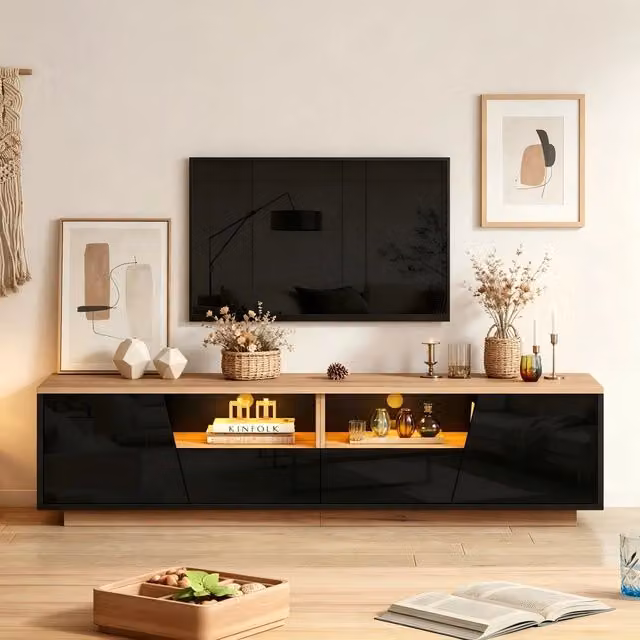Mobile TV con LED; 2 vani chiusi; 2 cassetti e vani aperti; finitura lucida; nero e legno; 180 × 40 × 46 cm