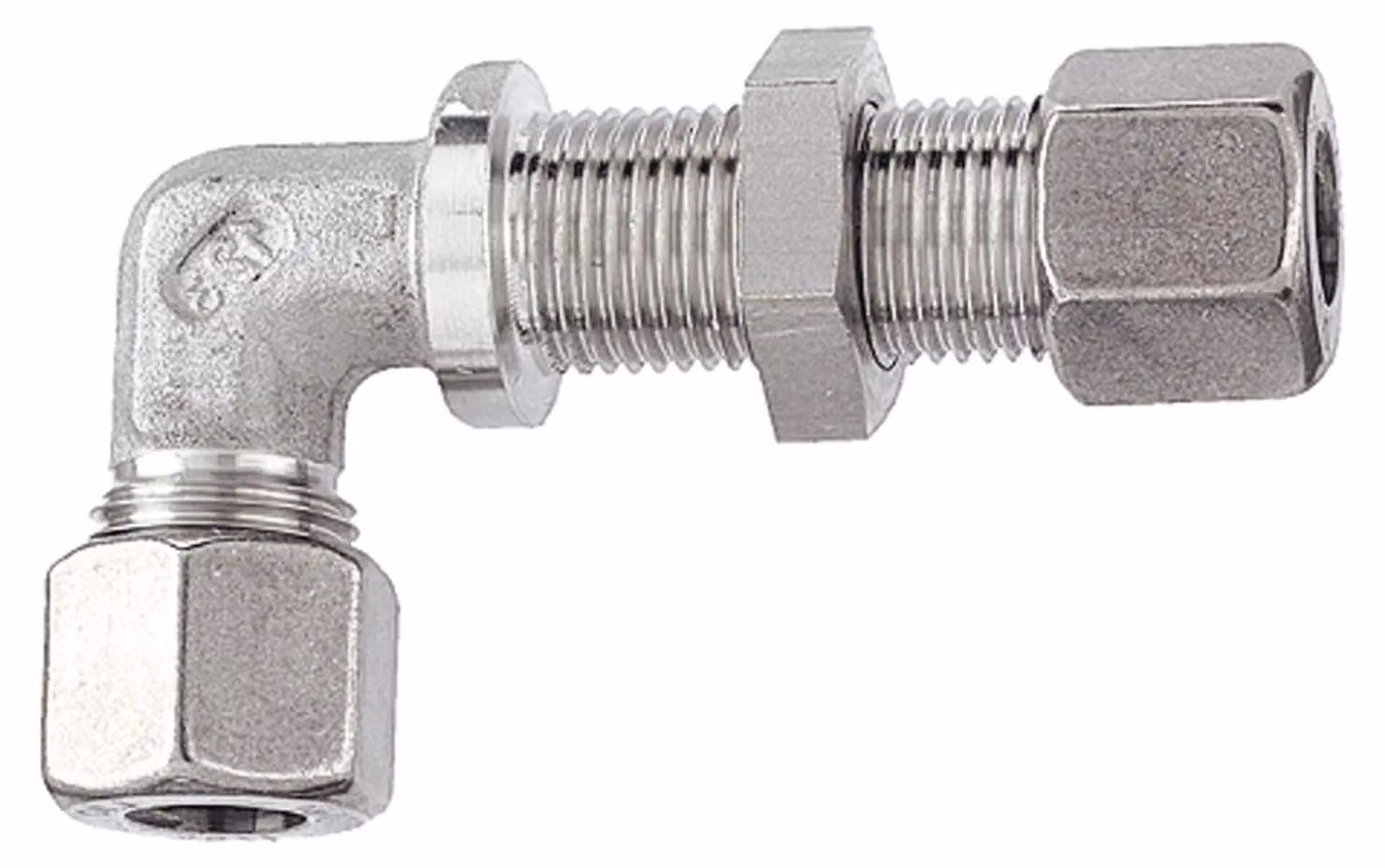 Raccordo a gomito Riegler per paratie, Ø esterno tubo 6 mm, acciaio inox 1.4571