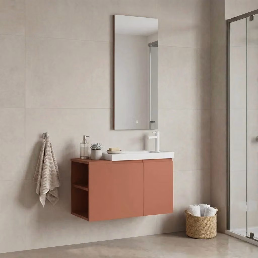 Set mobile lavabo con specchio Ferla 80 di HANAH HOME, colore marrone opaco, L 80 cm x P 22 cm x H 45 cm – 2