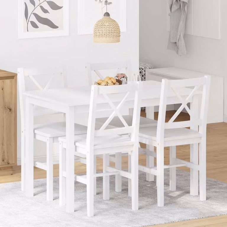 Set da pranzo moderno vidaXL in legno di pino bianco composto da tavolo rettangolare e 4 sedie