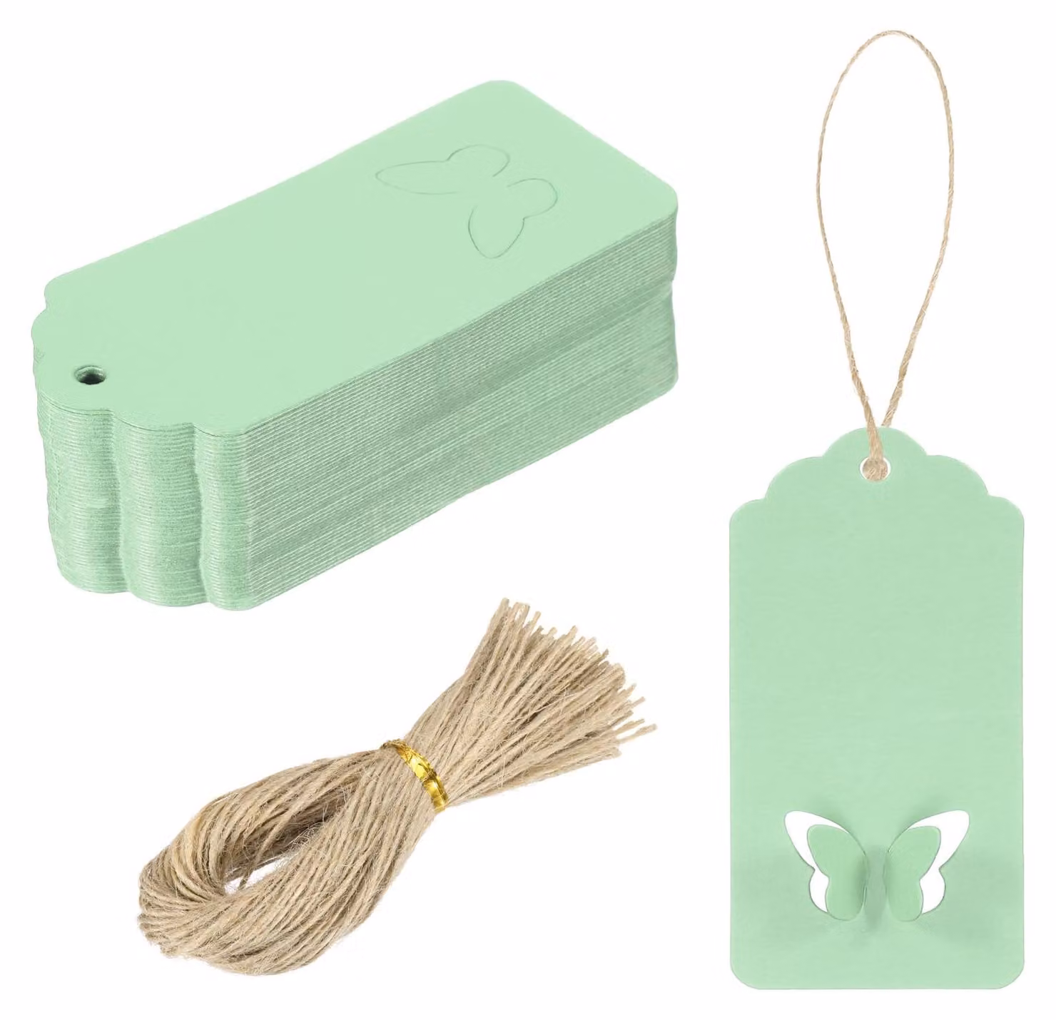 100 etichette in carta kraft con cordoncino, 9x4 cm, color verde chiaro, effetto ondulato