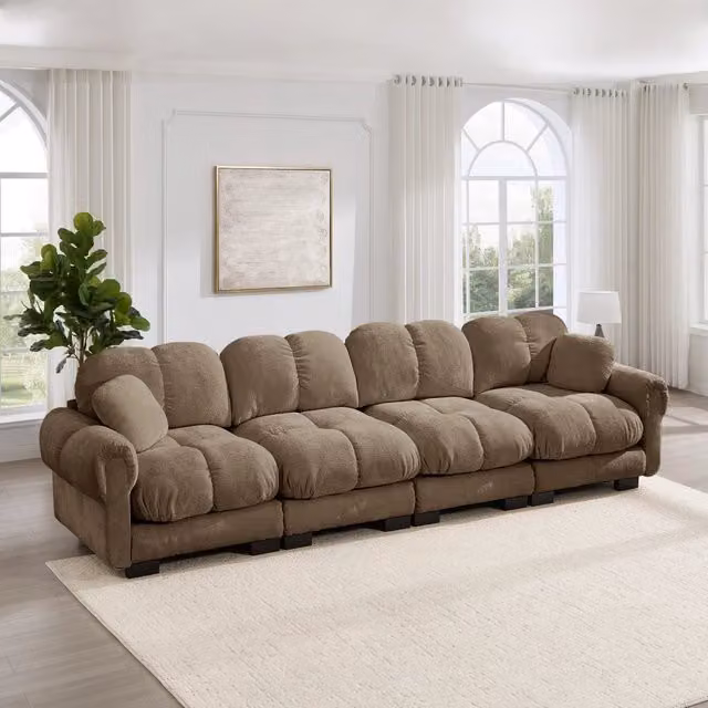 Divano modulare 330x86x90 cm con cuscini trapuntati e schienale curvo in ciniglia marrone