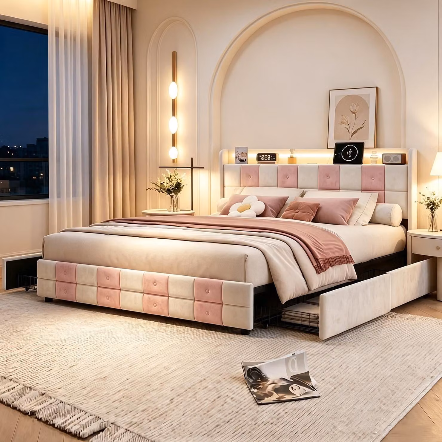 Letto imbottito INONEFT 140x200 con spazio contenitore, letto a molle con USB e LED, 4 cassetti, letto multifunzionale con testiera, in velluto (bianco con dettagli rosa).