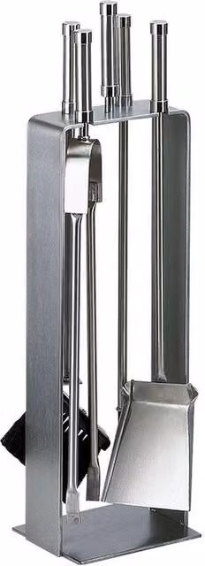 Porta attrezzi camino acciaio inox rettangolare 4 accessori h.66 base 16 x 18 cm. finiture cromo. Made in Italy