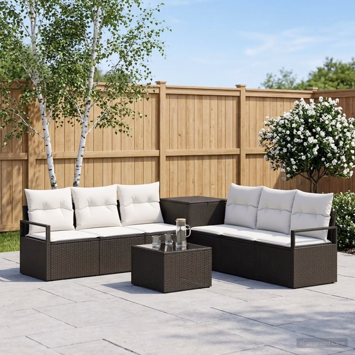 Set di divani da giardino vidaXL in polyrattan nero e bianco con cuscini e tavolino da esterno a forma di U
