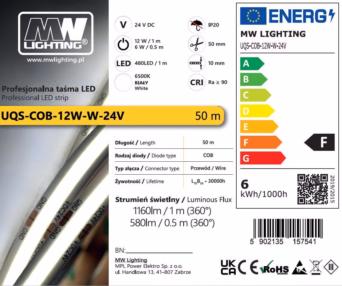 Striscia LED COB 12W 6500K 50m IP20 24V CRI>90