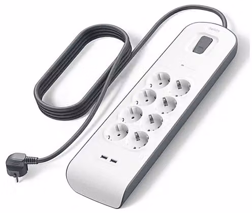 Multipresa filtrata Belkin con protezione dalle sovratensioni, 8 prese, porte USB-A e cavo da 2 metri, colore bianco