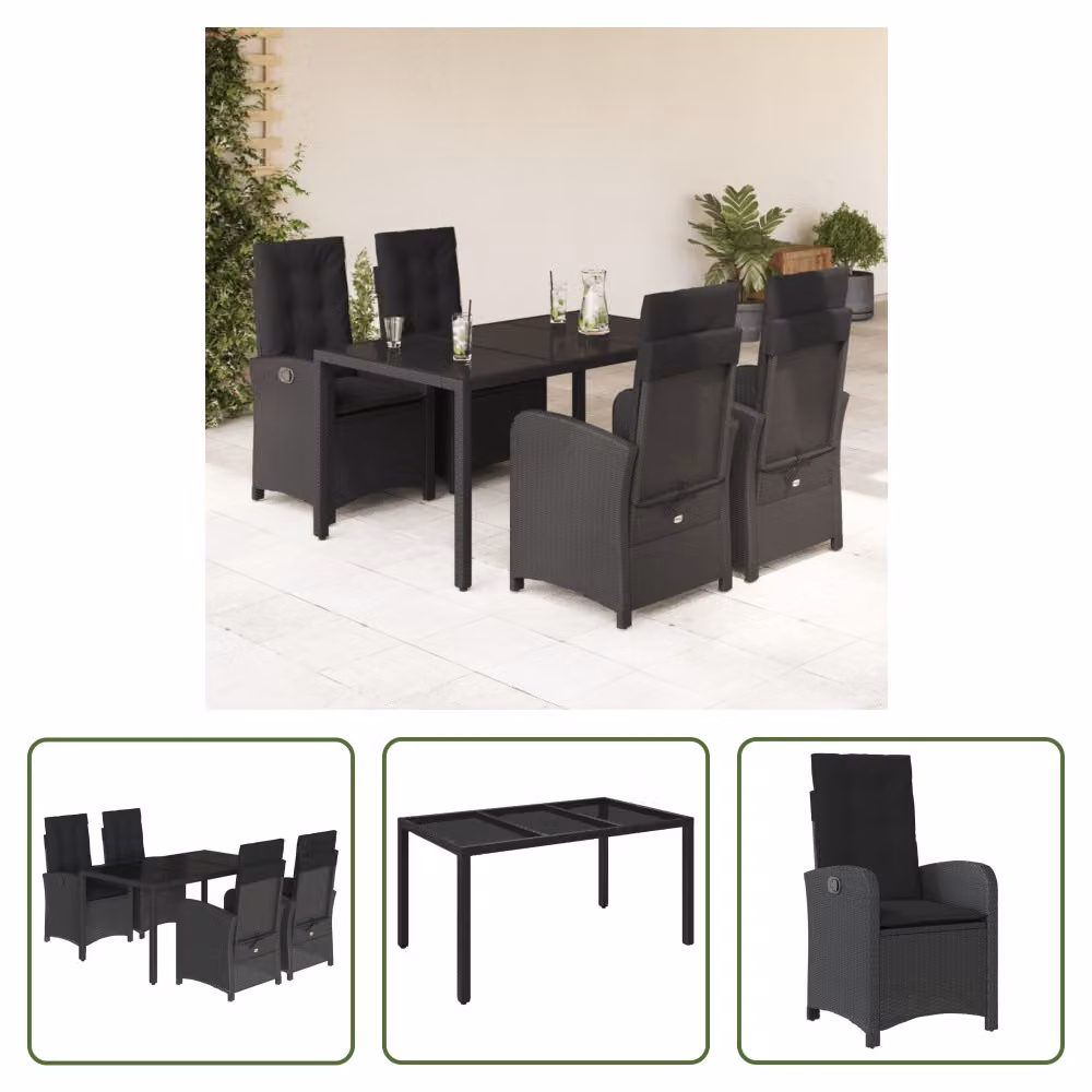 The Living Store Set da pranzo da giardino 5 pezzi con cuscini in poly rattan nero