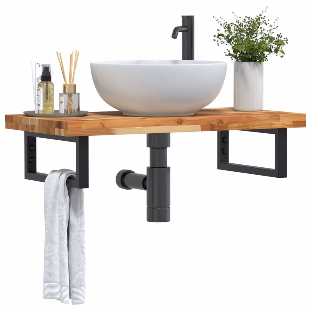 vidaXL Ripiano a Parete per Lavabo in Acacia e Acciaio, Nero e Marrone, L: 40 cm, P: 19 cm, H: 3 cm
