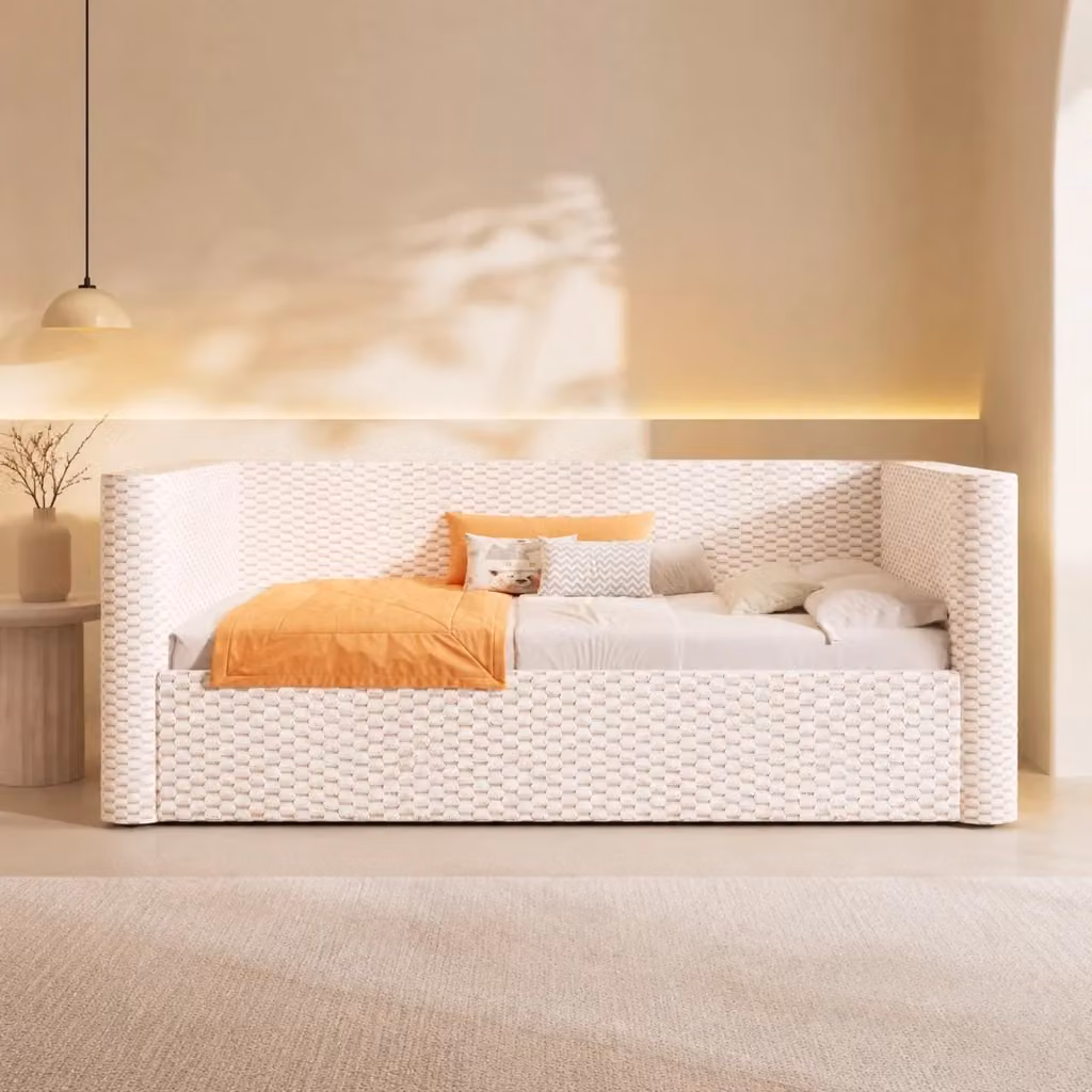 Divano letto REDOM in velluto beige con illuminazione LED e vano contenitore idraulico L/P/H: 90 x 200 cm – 2