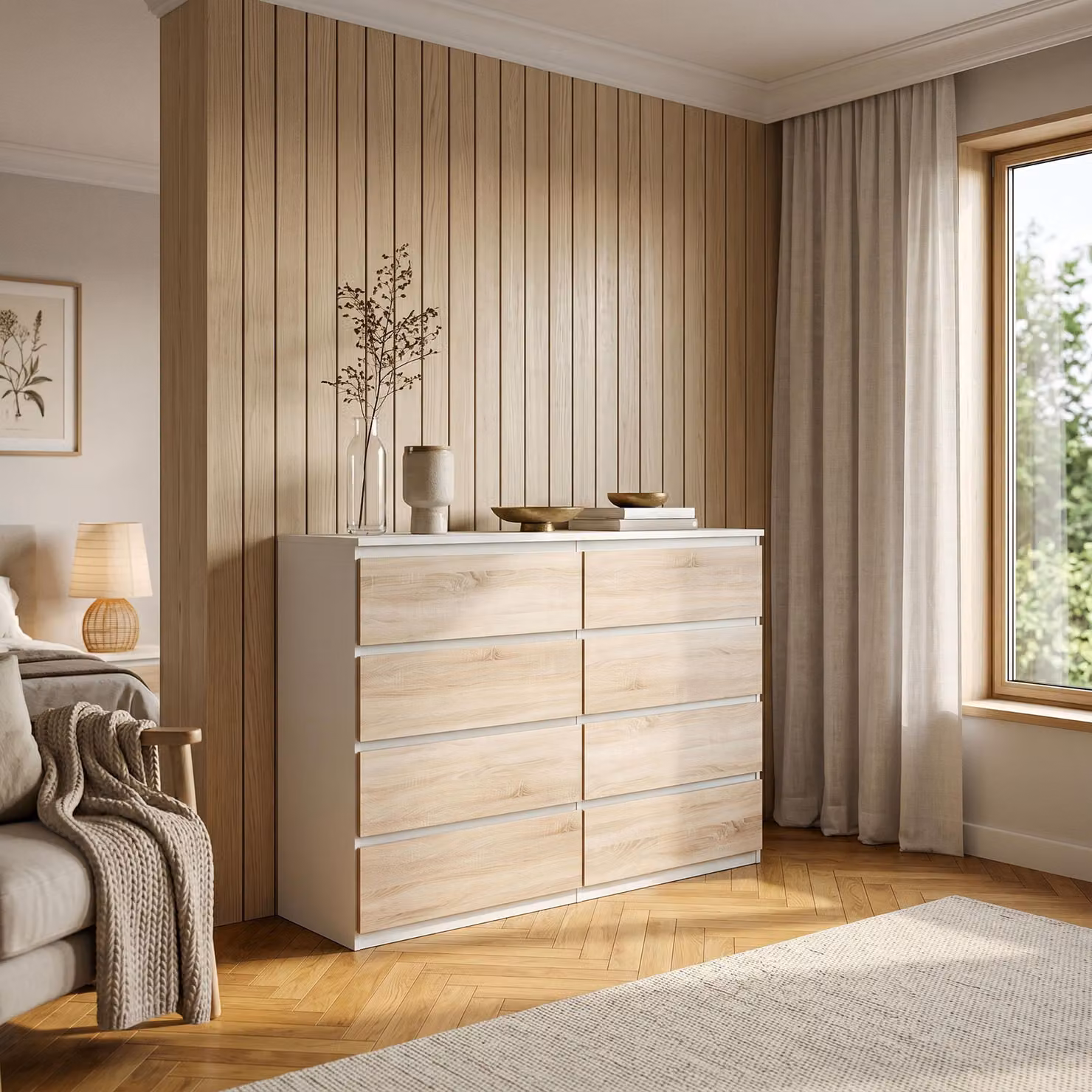 Comò Masseno NUDO da 138,5 cm con 8 cassetti e ante, per soggiorno e camera da letto, stile moderno, 138,5 x 39 x 101,5 cm, bianco / rovere Sonoma