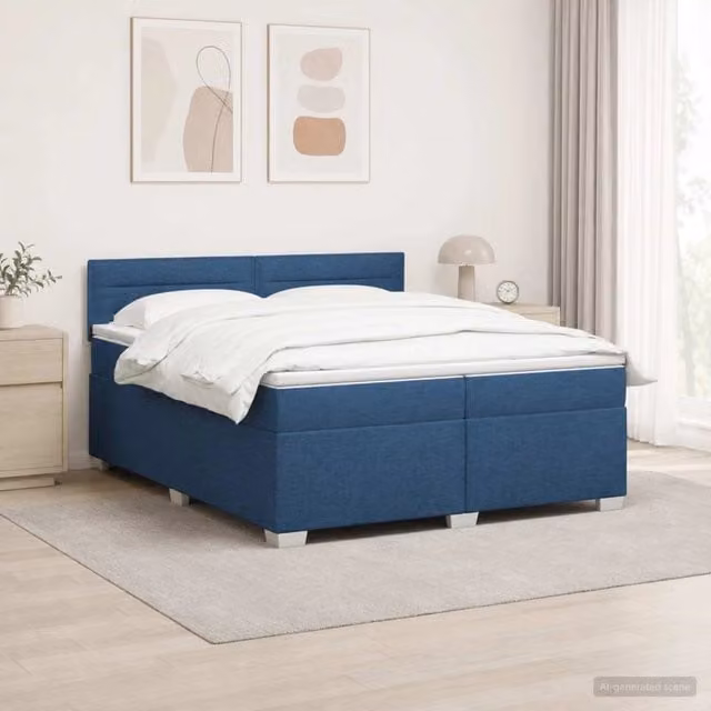 Letto Box Spring vidaXL con Materasso Ibrido, Illuminazione LED Blu e Porte USB, Tessuto Bianco e Blu, L/P: 200 x 200 cm