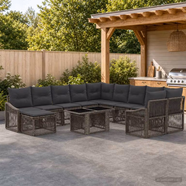 Set Divano da Giardino vidaXL 12 pz a forma di U in Polyrattan con Cuscini, Colore Grigio e Antracite