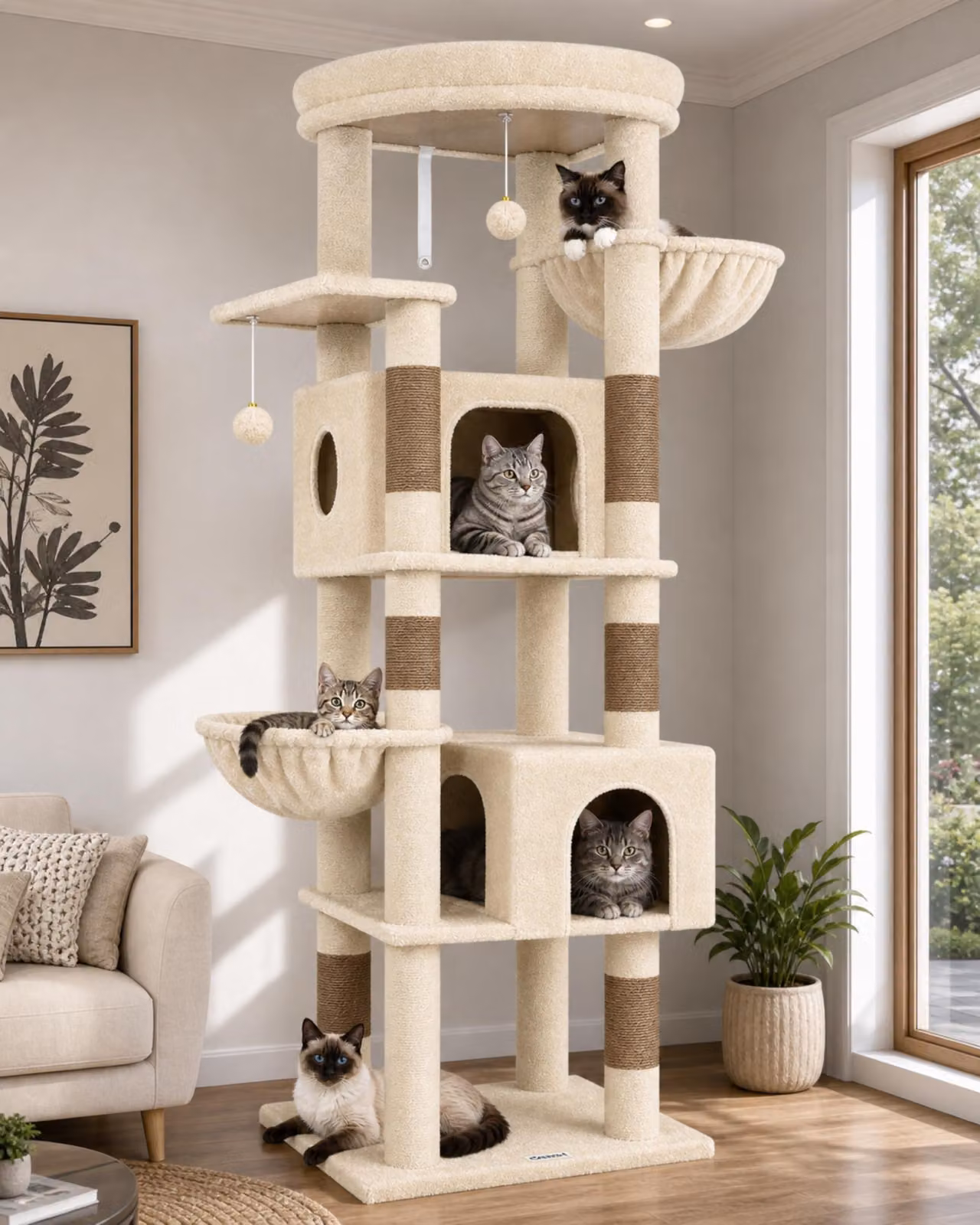 Cat tree color beige, altezza 188 cm, dotato di 2 casette, piattaforme imbottite, giocattoli in peluche, adatto a gatti di grossa taglia a partire da 5 kg