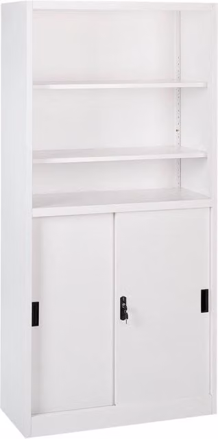 Armadietto Beliani moderno con ante scorrevoli e scaffale aperto, bianco opaco, con serratura e ripiani regolabili, L: 90 cm, P: 40 cm, H: 185 cm
