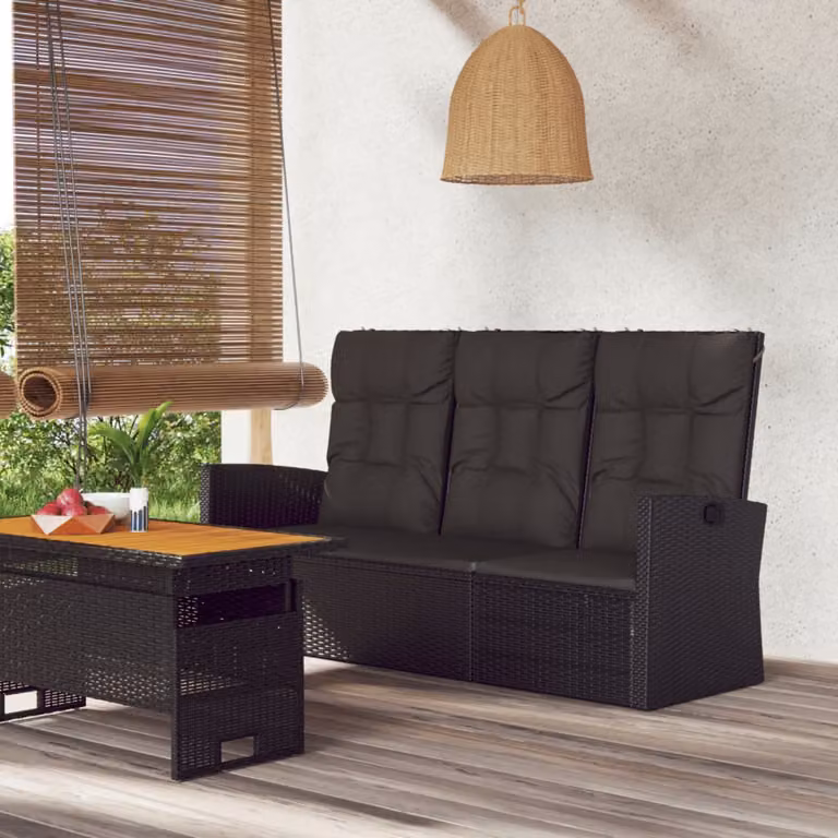 vidaXL Panca da Giardino Reclinabile in Polyrattan e Metallo con Cuscini, Colore Nero