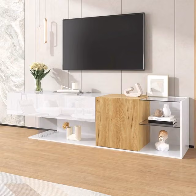 Mobile TV 180x38x48 cm con 2 ante e ripiani in vetro in truciolare naturale e bianco