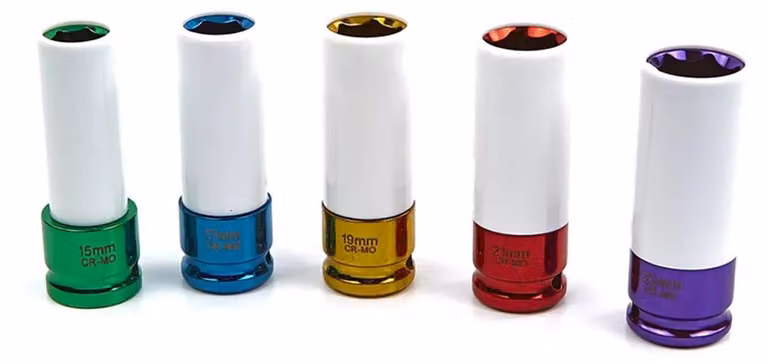 Set 5 bussole 1/2'', con rivestimento protettivo per cerchi in lega da 15 mm, 17 mm, 19 mm, 21 mm, 22 mm Hbm