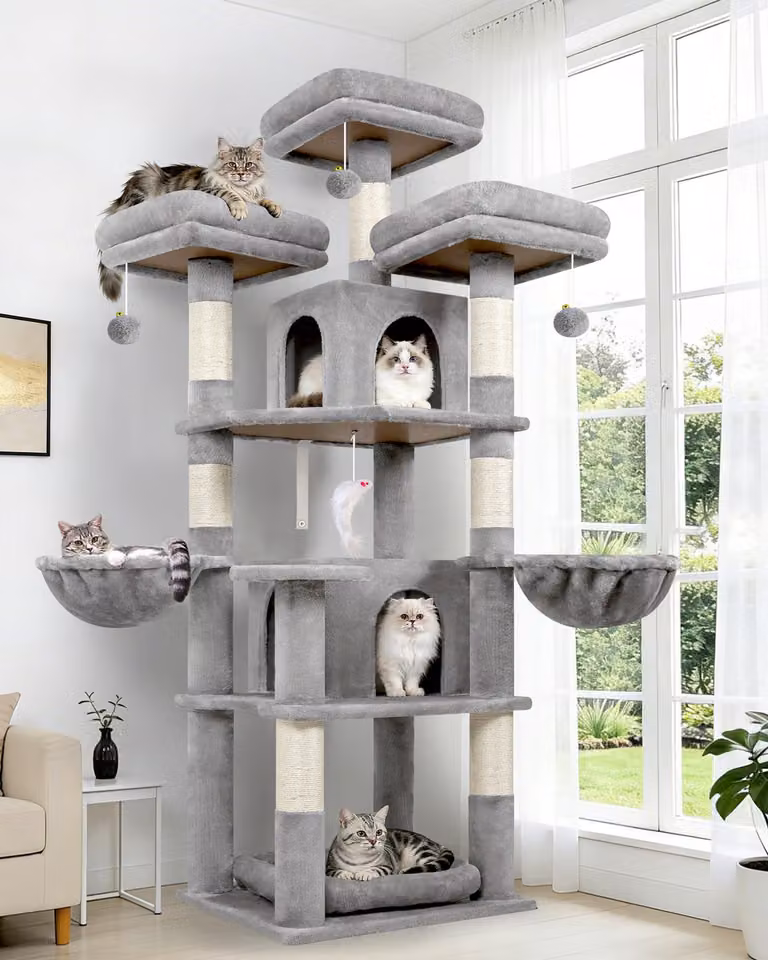 Albero per gatti Kratzbaum, altezza 174 cm, con 3 piattaforme imbottite, 2 casette, 2 ceste, pali in sisal, adatto per 2-4 gatti