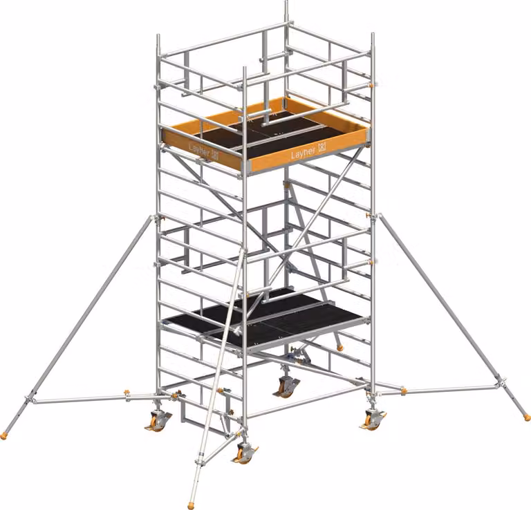 Ponteggio mobile Layher Uni Kompakt P2 Safety Plus con doppia ringhiera e puntelli estensibili 5,20 m AH