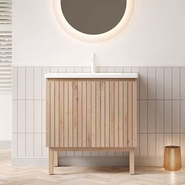 NIKO Mobile lavabo bagno 80 cm con lavabo in ceramica bianca integrato, mobile a strisce con ripiano regolabile e doppie ante, colore rovere bianco