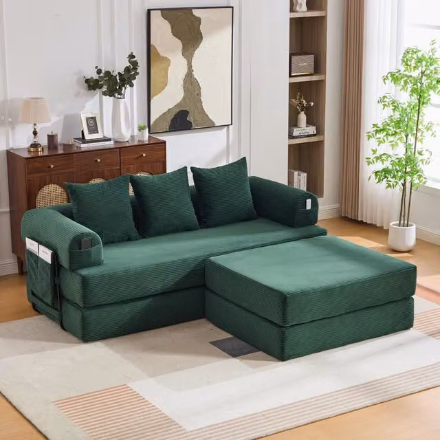Divano letto modulare MIVRAY in velluto a coste verde con pouf e 3 cuscini, struttura in metallo e funzione letto per soggiorno o camera da letto