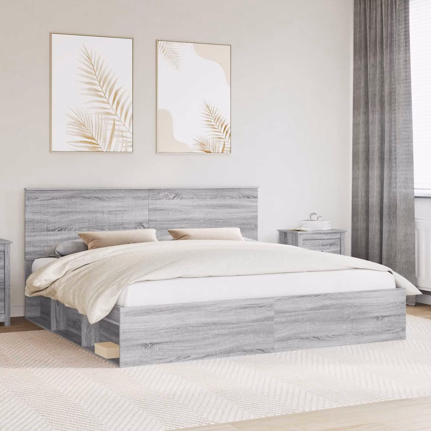 Struttura del letto moderna vidaXL in pino massello e MDF, colore Grigio Sonoma, L/P/H: 200 x 200 x 100 cm
