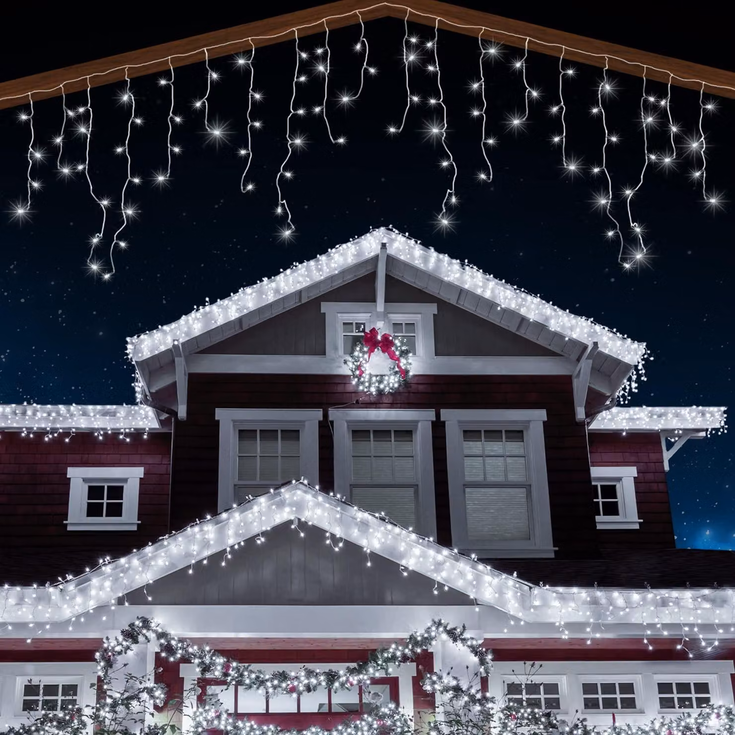 Catena luminosa effetto neve, 320 LED, 11 metri, luce bianca fredda, timer, grado di protezione IPX7