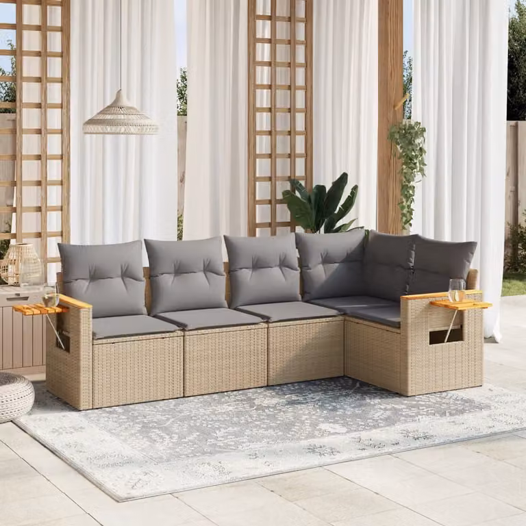 vidaXL Set Divano da Giardino a L 5 pz in Polyrattan con Cuscini Beige e Tavolino da Esterno