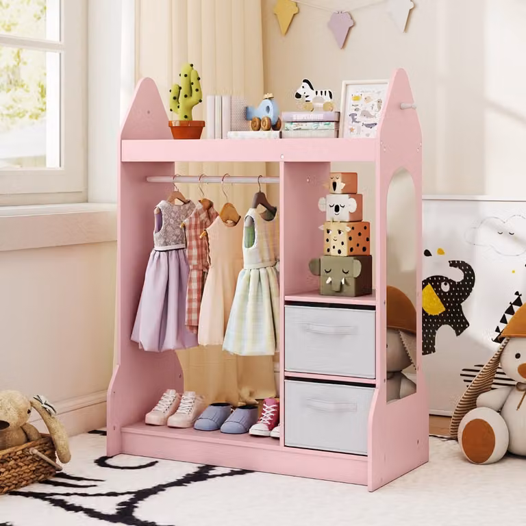 Armadio gioco per bambini Costway centro travestimenti con specchio in acrilico e appendiabiti, colore rosa