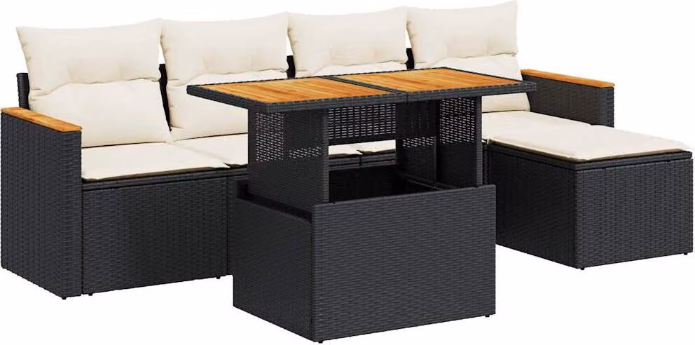 Set Divano da Giardino 6 pz con Cuscini Nero Polyrattan Acacia