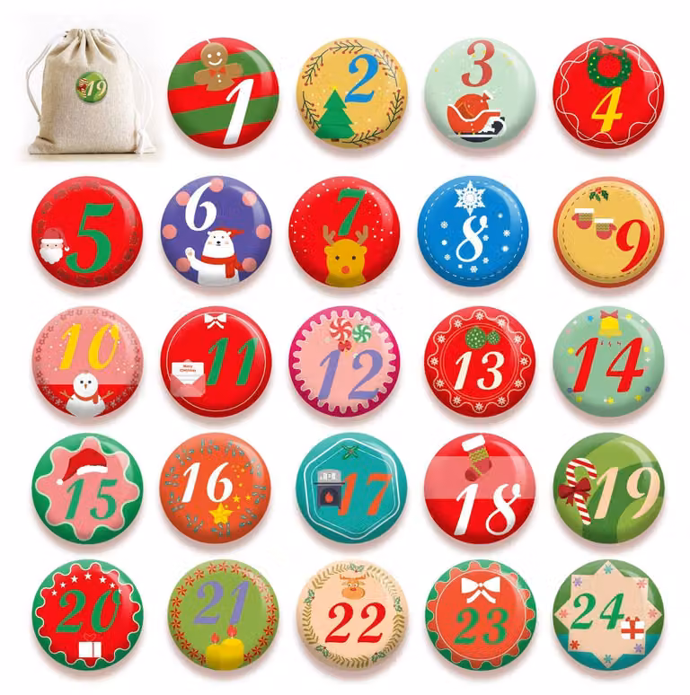 24 bottoni per calendario dell'Avvento, numeri da 1 a 24, colorati, diametro 4 cm, ideali per progetti fai-da-te
