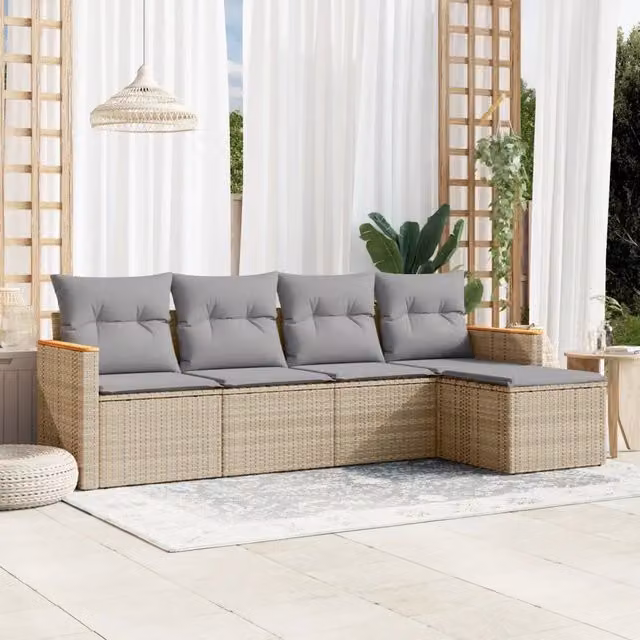 Set Divano da Giardino 5 pz con Cuscini-Sofa da Giardino-Divanetto da esterno Beige Misto Polyrattan 302410